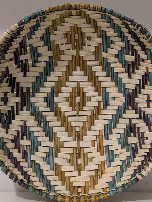 12" Hopi Basket, S Tenakhongva, Teal, purple, yellow, white