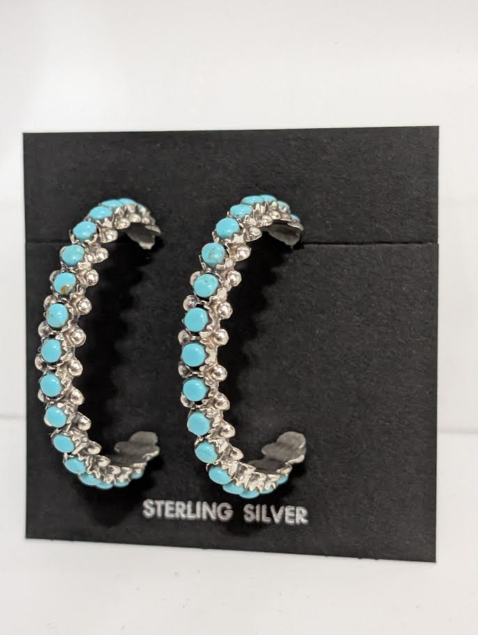 Zuni Needle Point Turquoise Hoops, M Quam