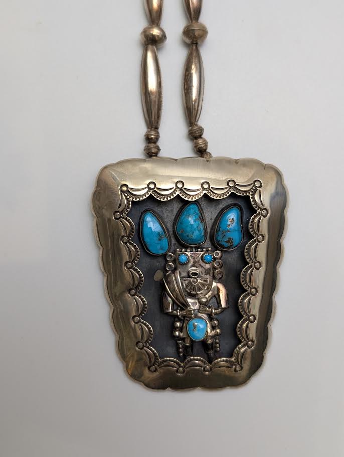 1970s Shadow Box Necklace w Kachina, Silver Beads
