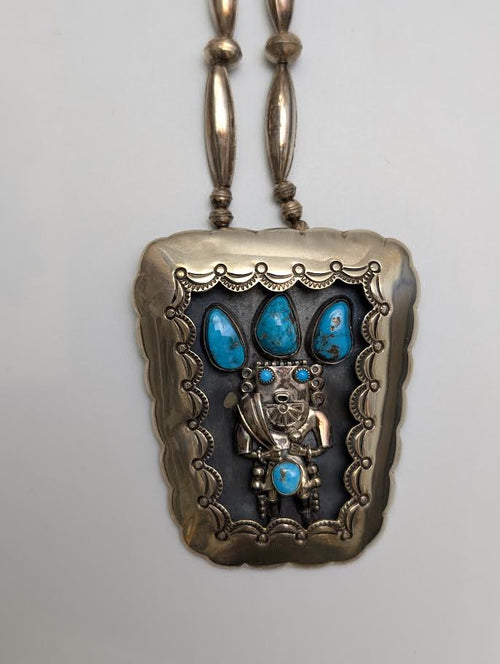 1970s Shadow Box Necklace w Kachina, Silver Beads