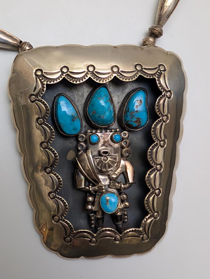 1970s Shadow Box Necklace w Kachina, Silver Beads