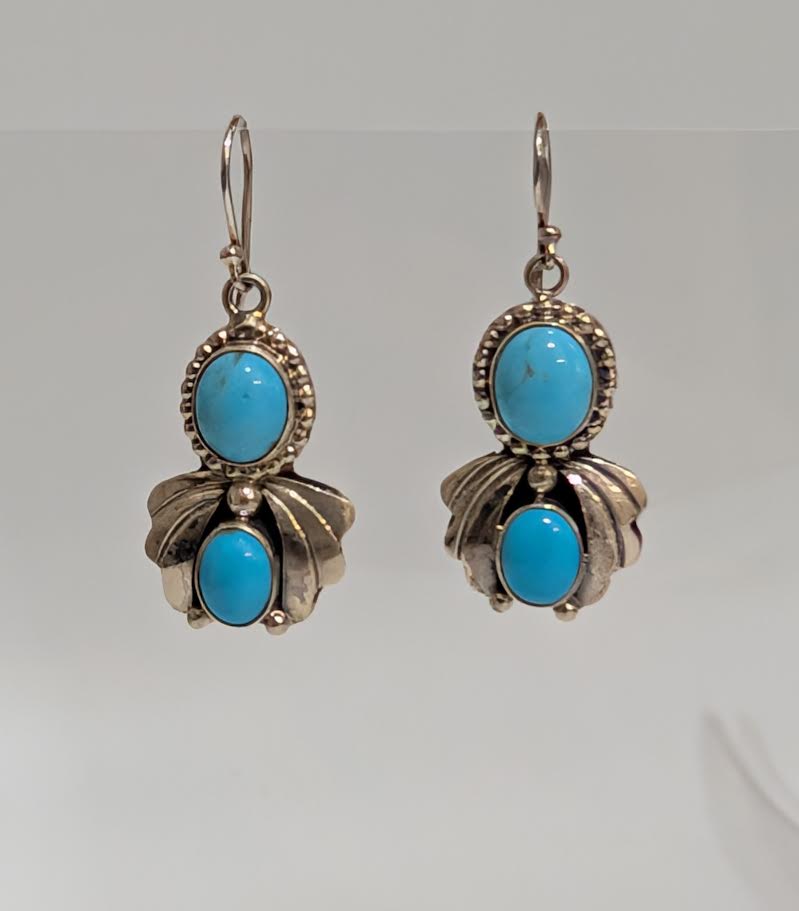 Sterling Silver Dangle Earrings w 2 Turquoise Stones