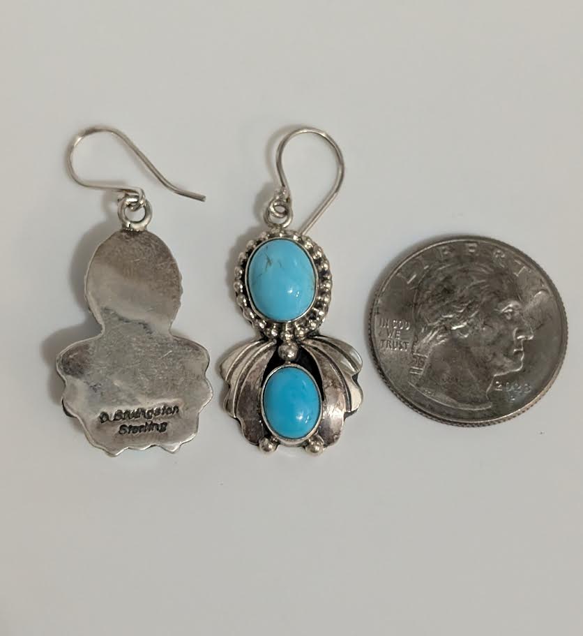 Sterling Silver Dangle Earrings w 2 Turquoise Stones