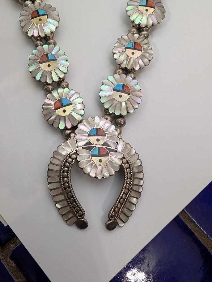 1970s Zuni Inlay Sunface Necklace