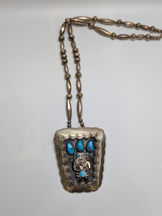 1970s Shadow Box Necklace w Kachina, Silver Beads