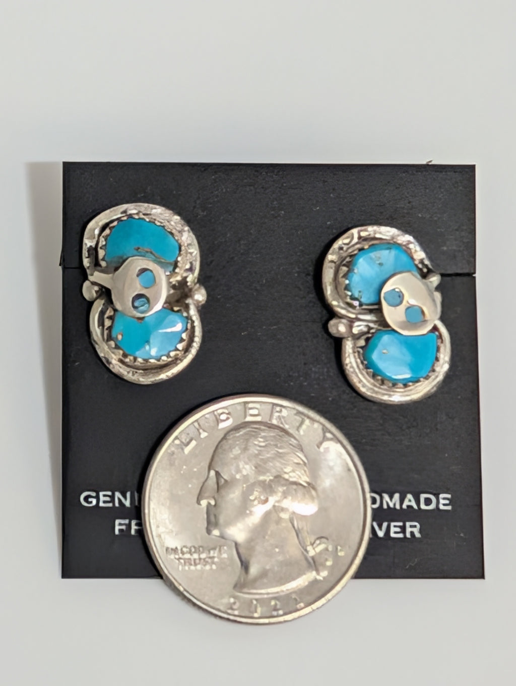 Turquoise Snake earrings, Gayle Calavaza, Zuni