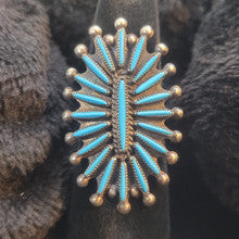Turquoise Zuni Needle Point Ring by LC Waatsa, Size 9.5