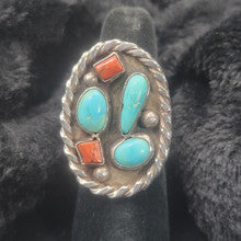 Turquoise and Coral Ring, Size 9