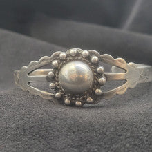 Vintage 1940s Harvey Era Sterling Silver Bracelet w Hand Stamped Dome Center
