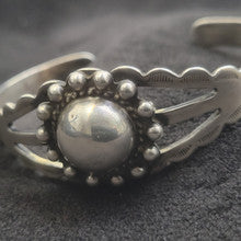 Vintage 1940s Harvey Era Sterling Silver Bracelet w Hand Stamped Dome Center