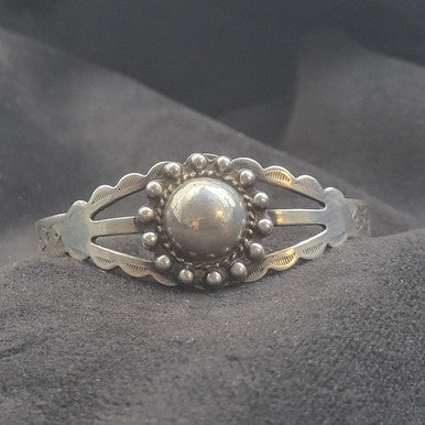 Vintage 1940s Harvey Era Sterling Silver Bracelet w Hand Stamped Dome Center