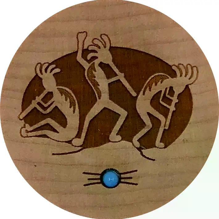 Three Kokopellis on small maple box w/ turquoise