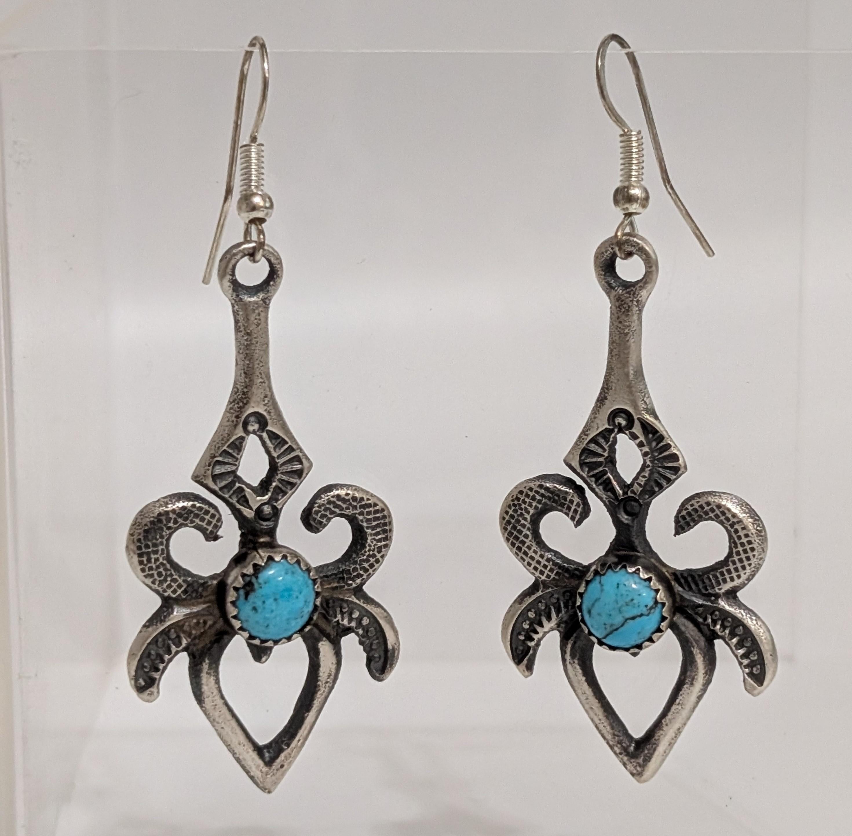 Long Sandcast Earrings w turquoise ,K Billah