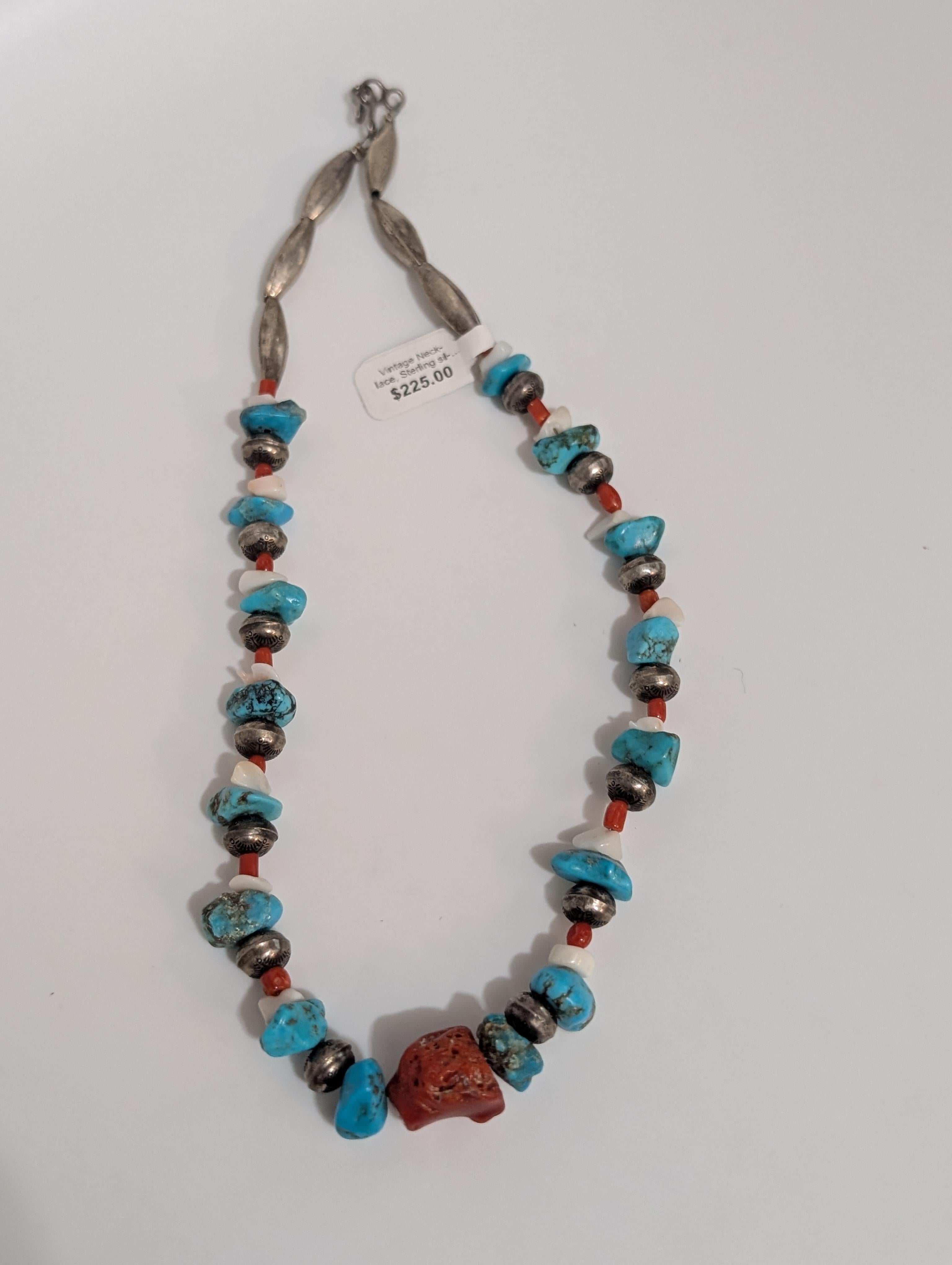 Vintage Necklace, Sterling silver beads, coral and Turquoise
