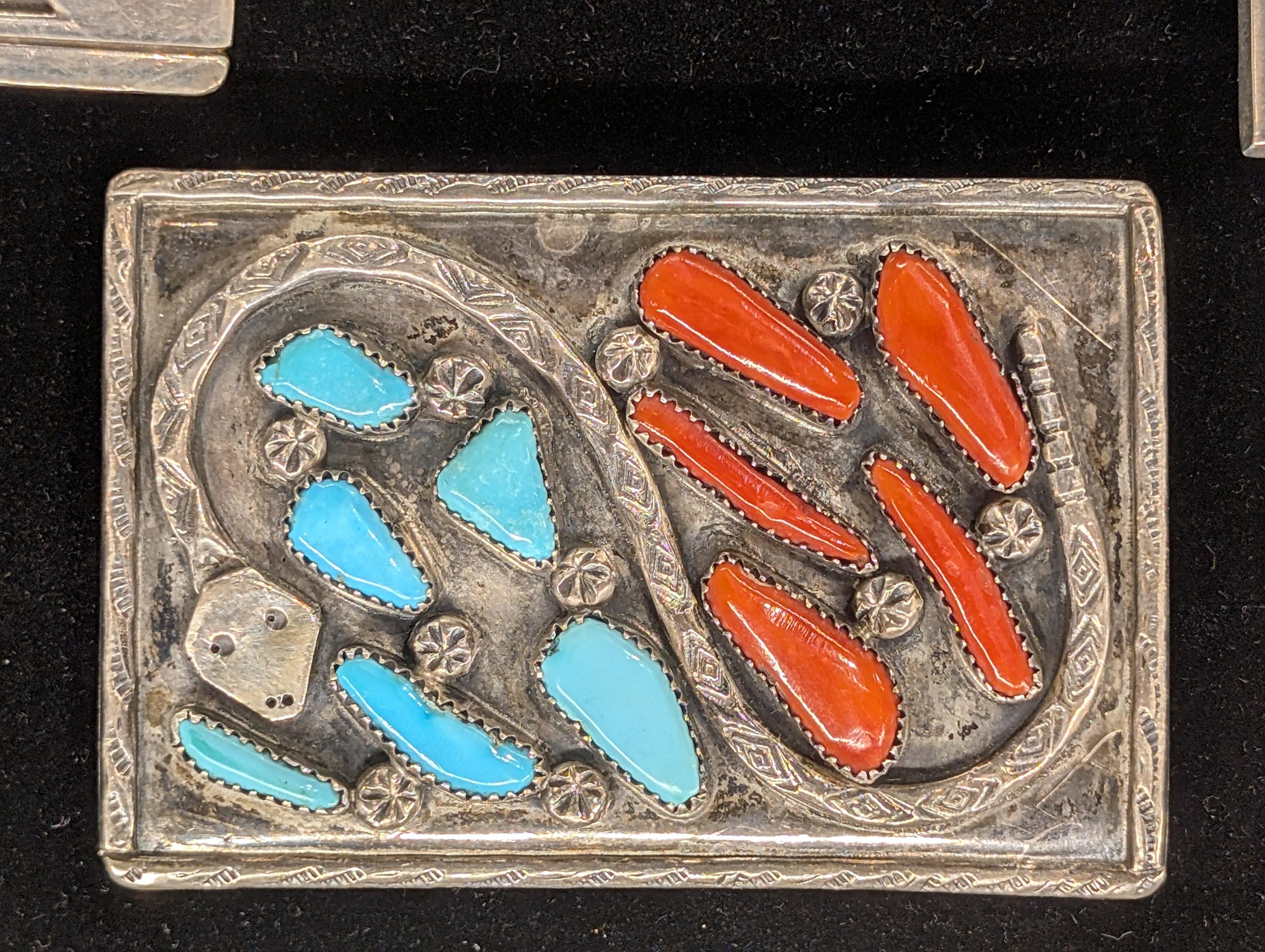 Vintage Belt Buckle w Snake Coral and turquoise