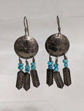 Round Sterling Silver Earrings w Dangly Feathers and Turq
