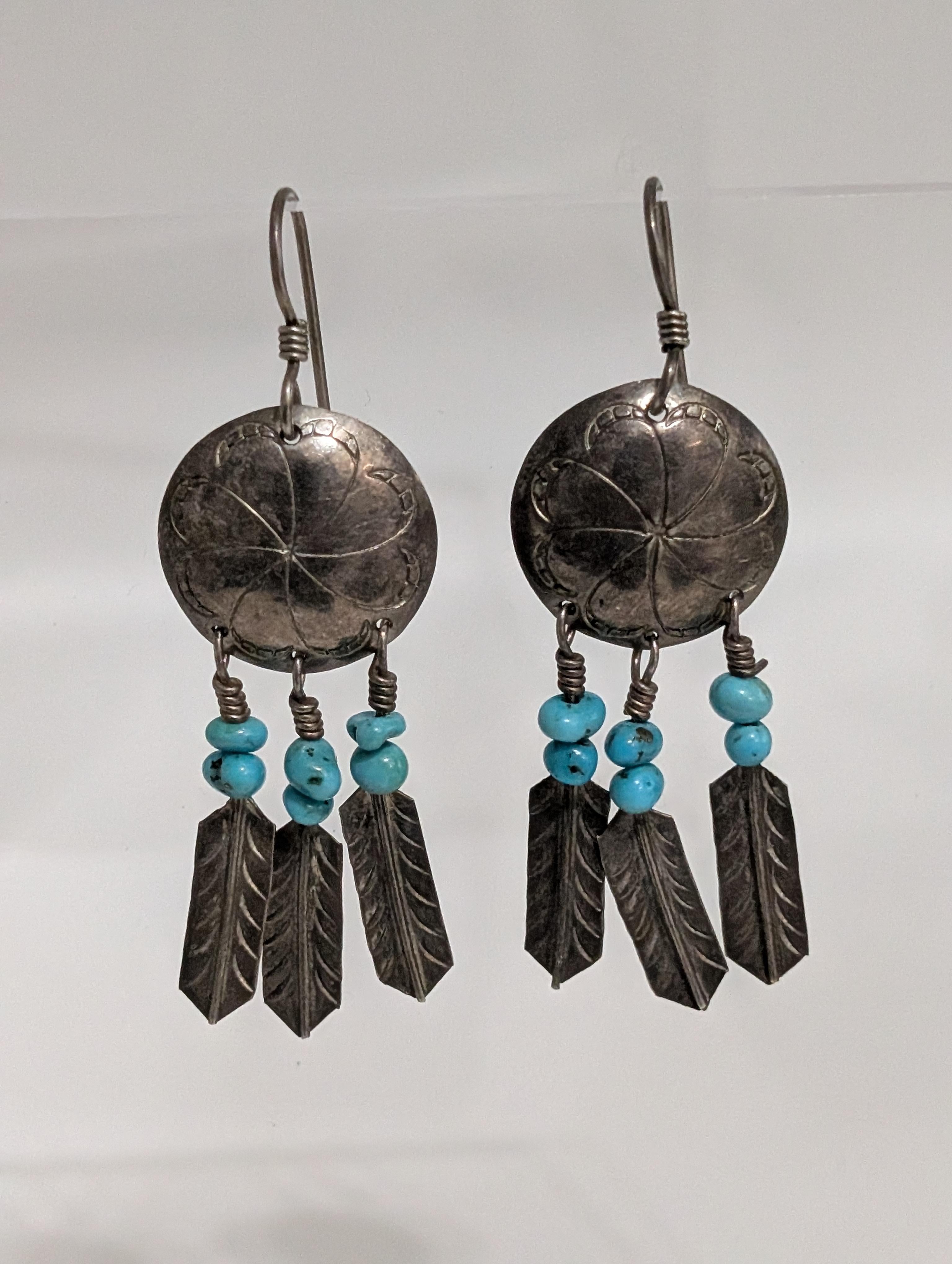 Round Sterling Silver Earrings w Dangly Feathers and Turq