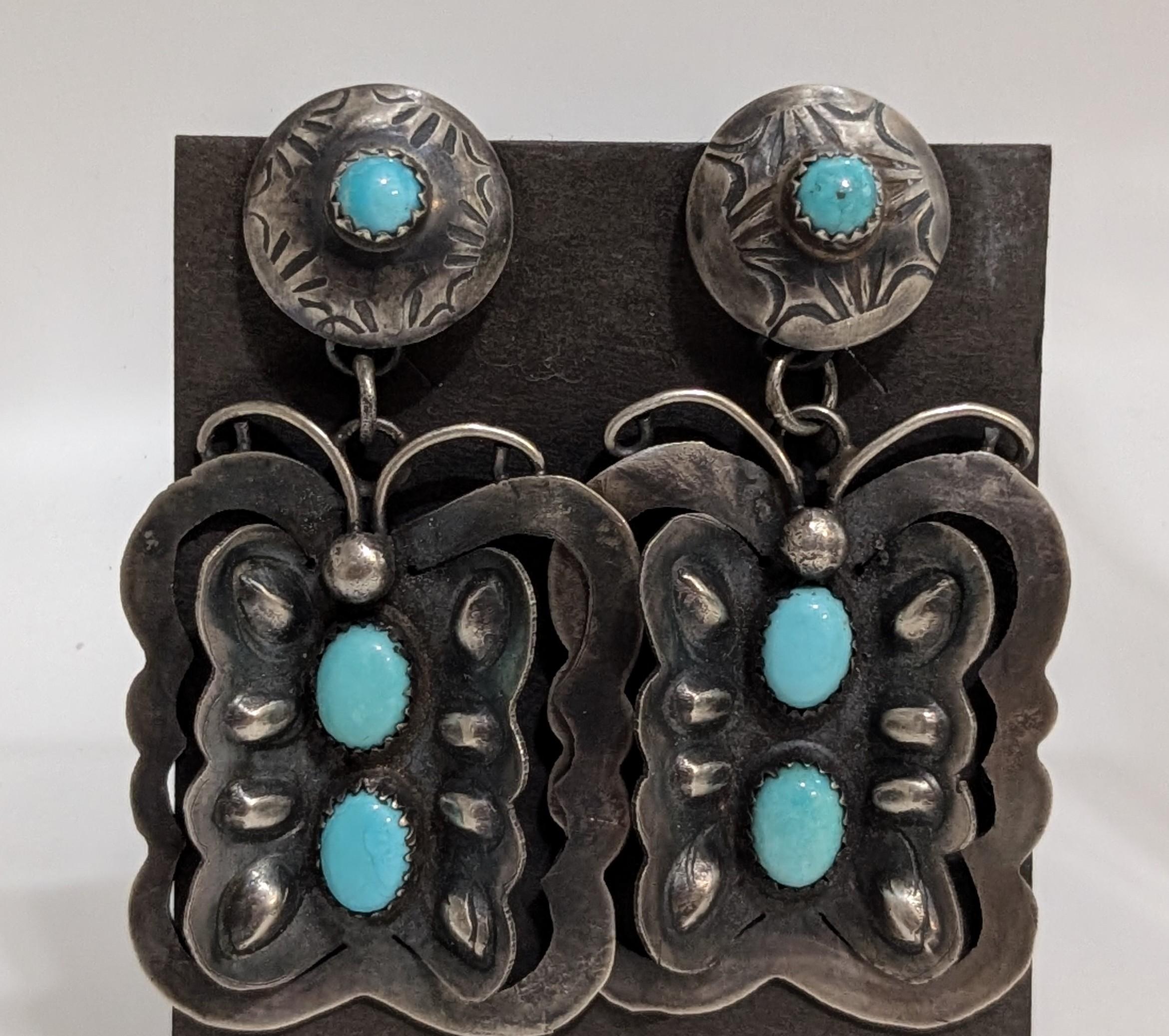 Butterfly Post Earrings w 3 Turquoise Stones