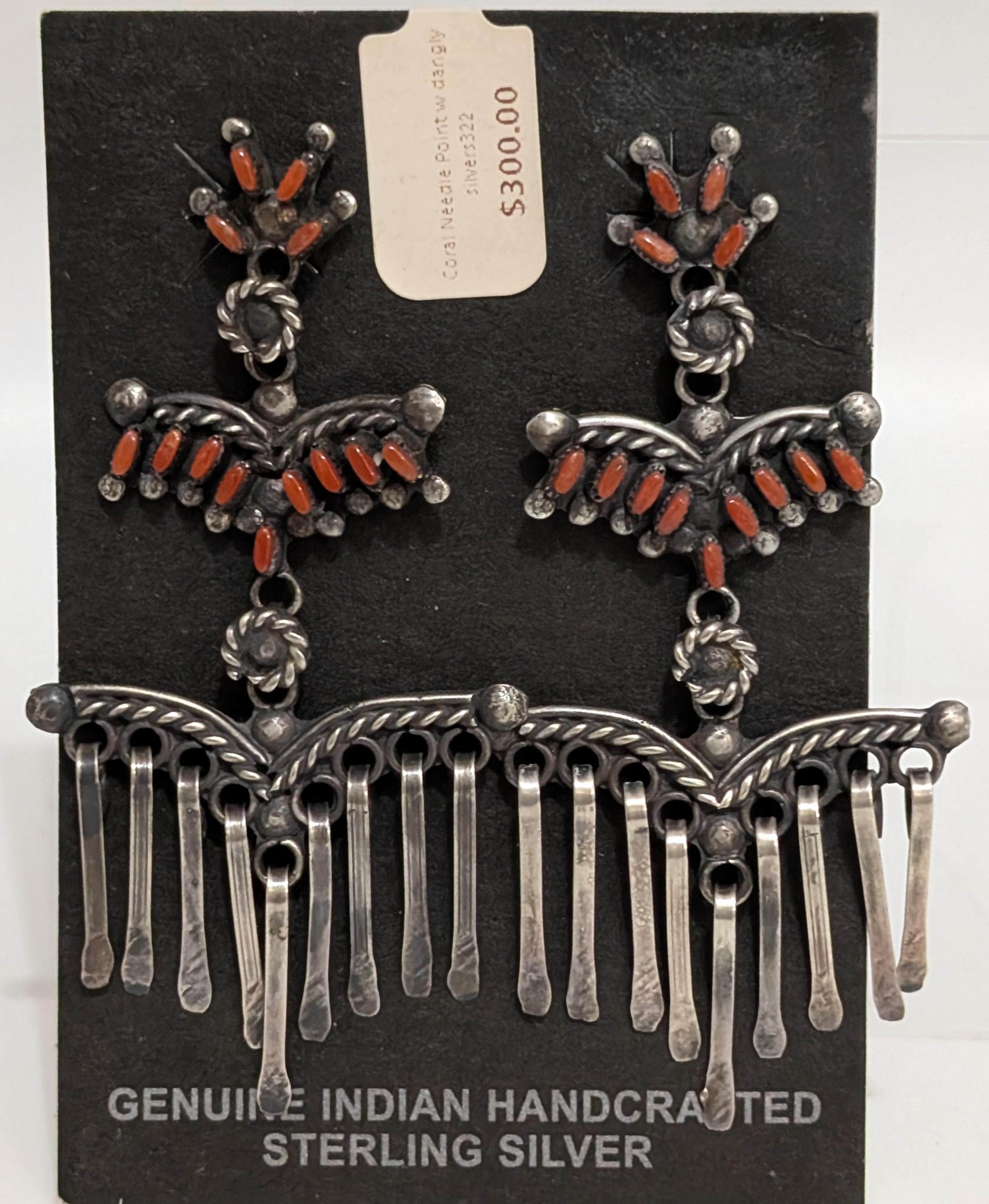 Coral Needle Point w dangly silvers