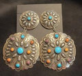 Large Stamped Post Earrings w Turq. and Spiny Oyster Stones