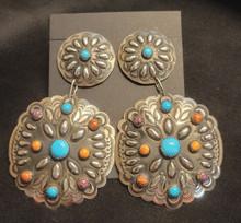 Large Stamped Post Earrings w Turq. and Spiny Oyster Stones